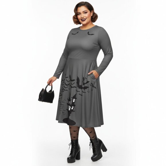 Plus Size Goth Bat Print Long Sleeve Pinup Dress with Pockets - Picture 3 of 17